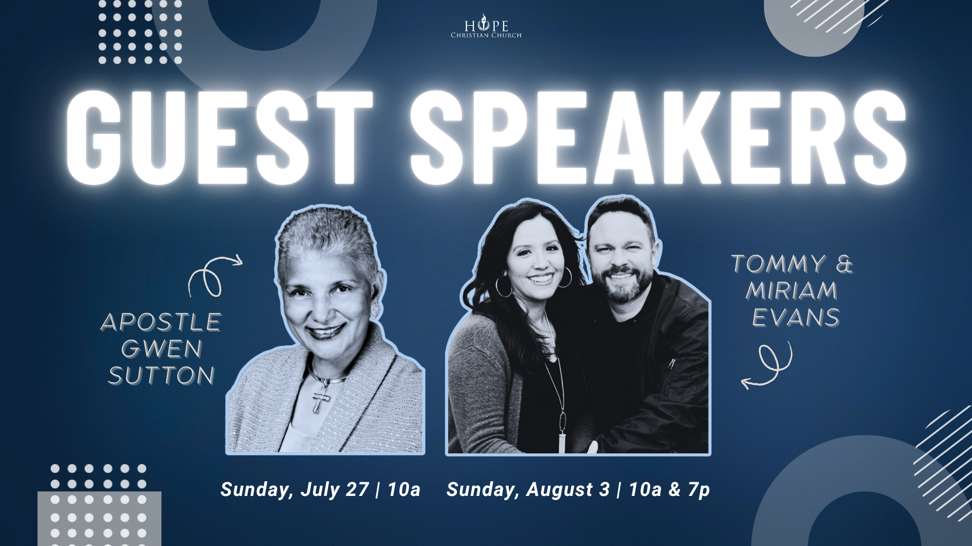 Guest Speakers

Apostle Gwen Sutton

Tommy & Miriam Evans

 
